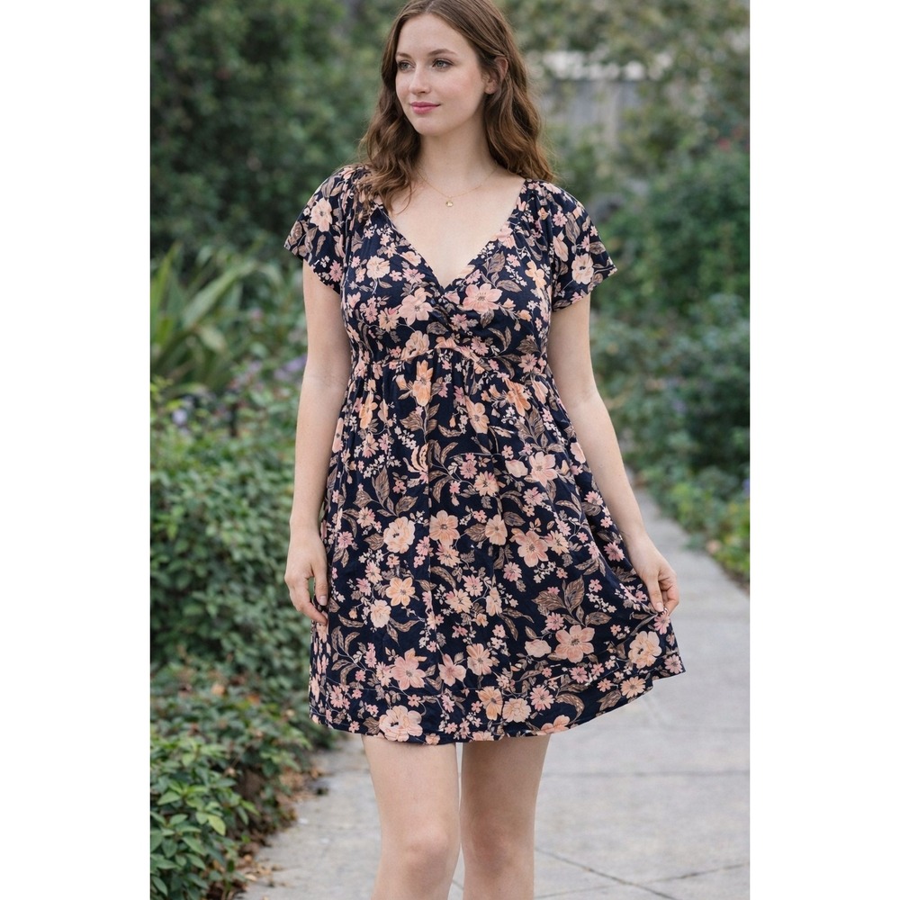 Old Navy Dress Medium Navy Floral V Neck Empire Waist Boho Cottagecore